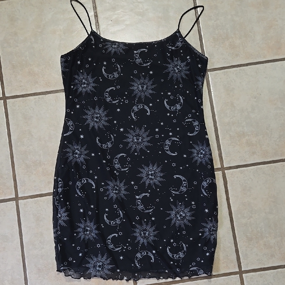 Black Slip Dress with Celestial Print Xl
